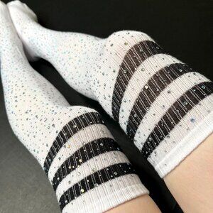 Rhinestone Over the Knee Socks Black White Striped Crystal Studded Soccer Rave